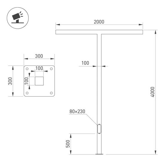 Фото #2 товара Опора OXOR-STER-T-2000x100x100-L4000-100W Warm3000 (BK, 230V) IP65 (Arlight, Сталь)