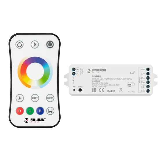 Фото #1 товара INTELLIGENT ARLIGHT Диммер SMART-SET-PWM-105-52-MULTI-SUF White (12-24V, 5x3A, ПДУ RING 10кн, 2.4G) (IARL, Контроллер)