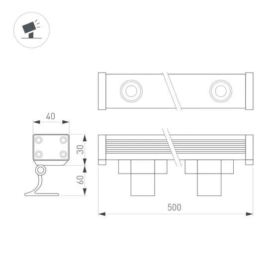 Фото #4 товара Линейный прожектор AR-LINE-500-9W Warm3000 (GR, 30 deg, 230V) (Arlight, IP65 Металл, 3 года)