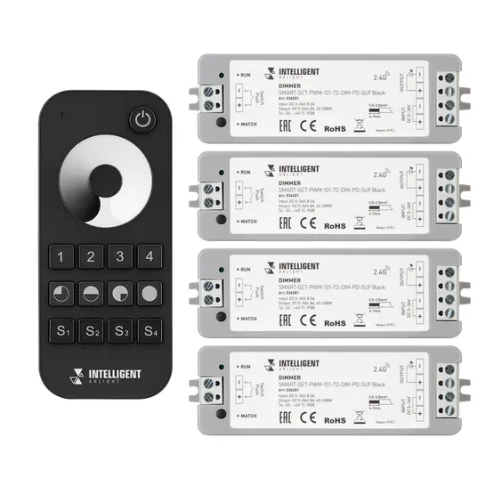 Фото #1 товара INTELLIGENT ARLIGHT Диммер SMART-SET-PWM-101-72-DIM-PD-SUF Black (5-36V, 1x8A, x4, ПДУ 13кн, 2.4G) (IARL, IP20 Пластик, 5 лет)